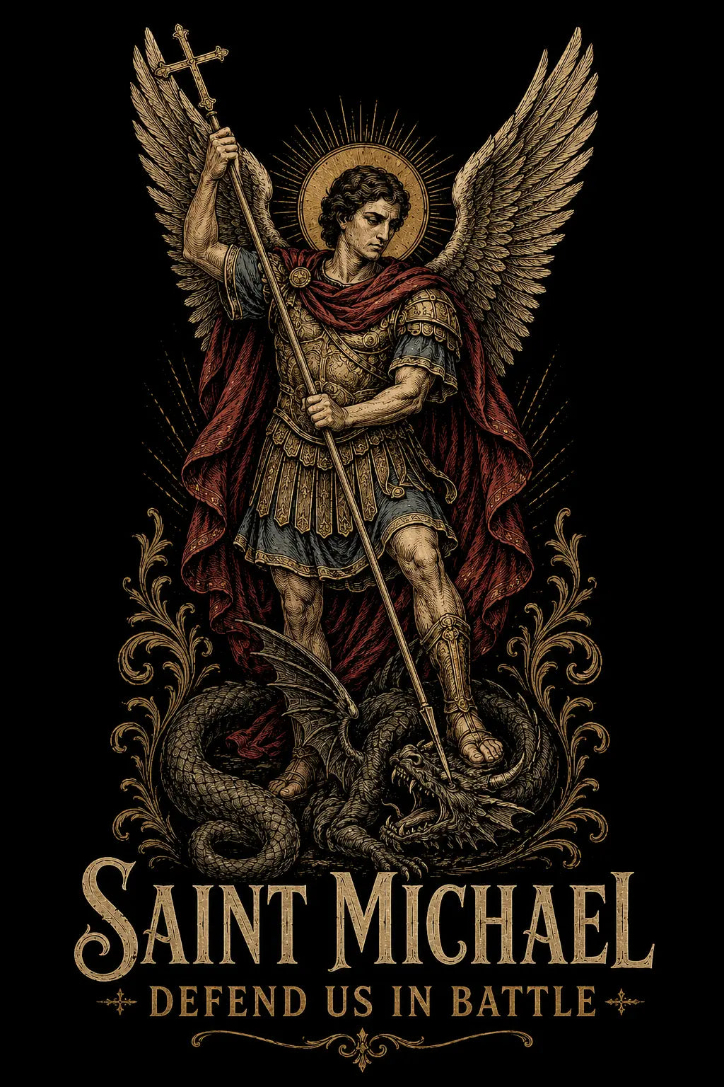 Engraved sacred artwork of Saint Michael the Archangel